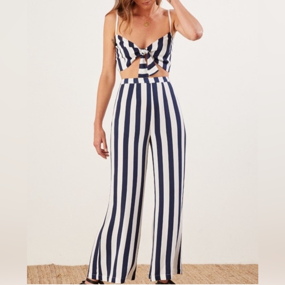 Reformation Bahama two piece in blue and white stripe. NWT sz 10